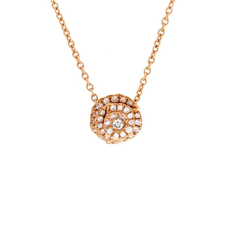 Christian Dior Rose Couture Pendant Necklace 18K Rose Gold with Pave Diamonds: Measurements: Length: 15.0 - 16.5 ", Pendant Length: 10 mm, Pendant Width: 9 mm . Condition: Pre-owned - Good,Brand: Christian Dior,Main Stone: Diamond,Metal: 18K Rose Gold,Metal Purity: 18K,Style: