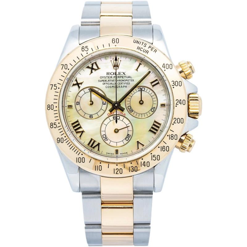 Rolex Daytona 116523 Oyster Stainless Steel Mother of Pearl Dial Roman 40mm: Case Size 40mm Wrist Fit 7 inches Box No Papers No Condition Ã¢â‚¬â€� Excellent Full Specifications SKU rolex#3542 Brand Rolex Model Daytona Reference