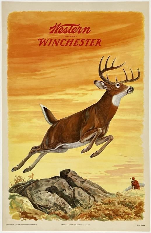 Original Vintage Poster WESTERN WINCHESTER DEER Buck Hunting Shooting Rifle OL (1 of 5)