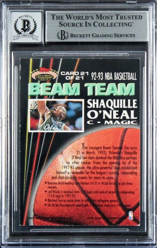 Shaquille O'Neal Signed 1992 Stadium Club Beam Team RC Auto Grade 10 BAS Slab 6 - 2