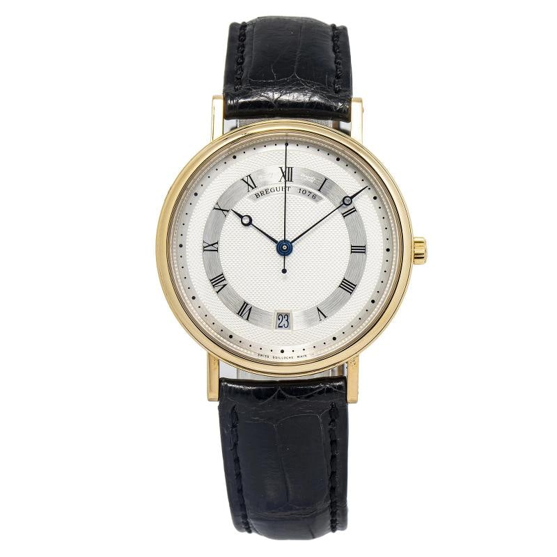 Breguet Classique 5930 Strap Yellow Gold SIlver Roman Automatic 36mm: Case Size 36mm Wrist Fit 8 inches Box No Papers No Condition Ã¢â‚¬â€� Good Full Specifications SKU Breguet#100 Brand Breguet Model Classique Reference 5930