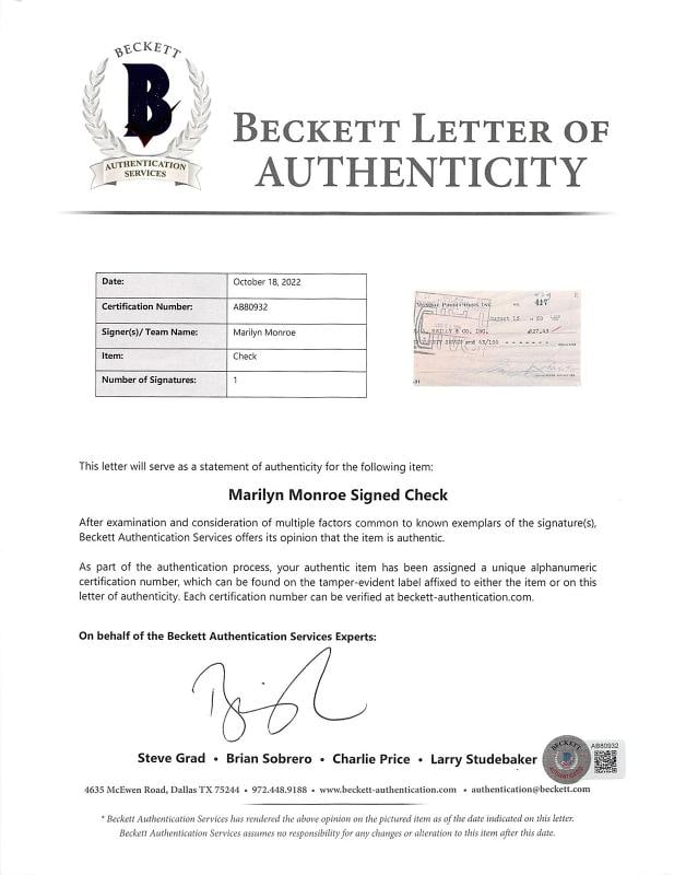 Marilyn Monroe Authentic Signed 3x8.5 1960 MM Productions Check BAS Slabbed - 3