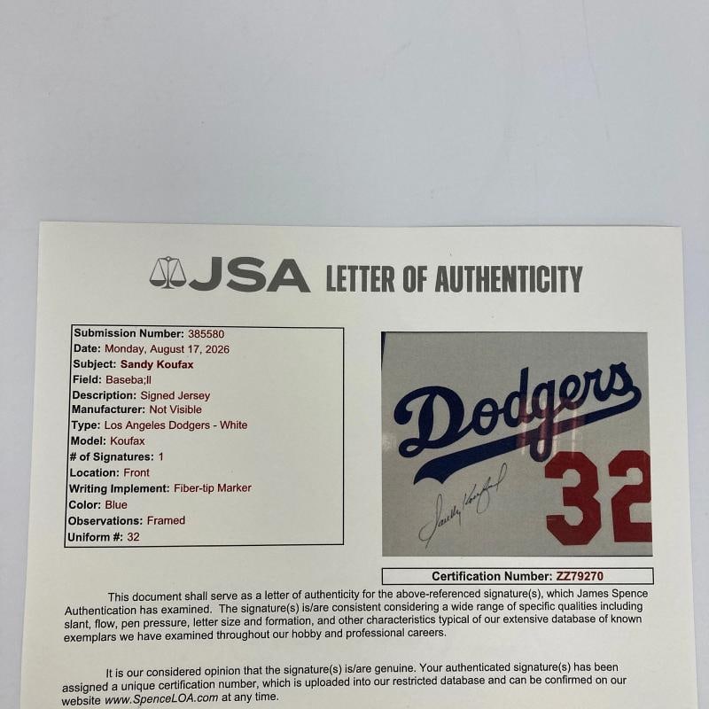 Sandy Koufax Signed Los Angeles Dodgers Jersey Patch Framed Display JSA COA - 6