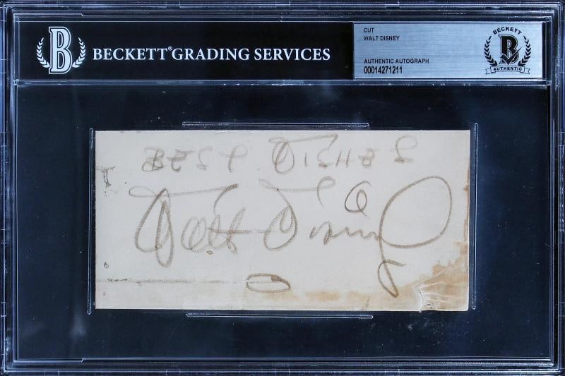 Walt Disney "Best Wishes" Authentic Signed 2.85x6 Cut Signature BAS Slabbed: Industry: Movies,Original/Reproduction: Original,Autograph Authentication: Beckett,PRODUCT_COA: Beckett,PRODUCT_SIGNED_BY_NAME: Walt Disney,Country of Origin: United States