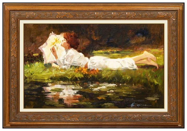 Howard Rogers Oil On Canvas Painting Female Western Illustration Signed artwork: the immaculate artwork is of impressive craftsmanship and size, measuring approximately 8" x 13" and 13" x 18" with the museum quality frame constructed specifically for this painting, which is the