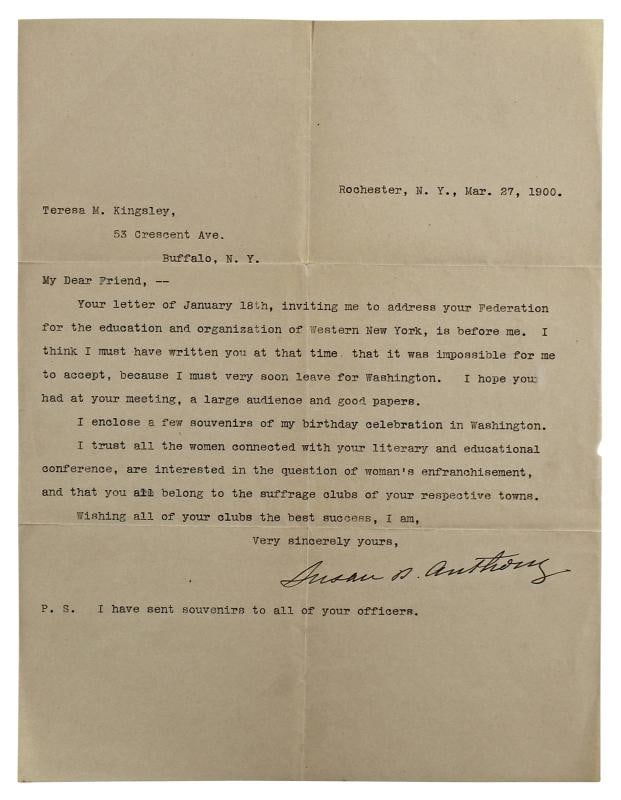 Susan B. Anthony Authentic Signed 8.25x10.75 1900 Letter BAS #AB14682: Condition: New: A brand-new, unused, unopened, undamaged item (including handmade items). New: A brand-new, unused, unopened, undamaged item (including handmade items). Autograph Authentication: