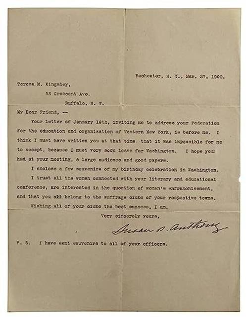 Susan B. Anthony Authentic Signed 8.25x10.75 1900 Letter BAS #AB14682 - 5