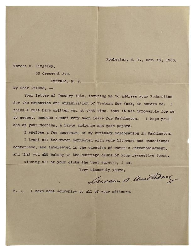 Susan B. Anthony Authentic Signed 8.25x10.75 1900 Letter BAS #AB14682 - 6