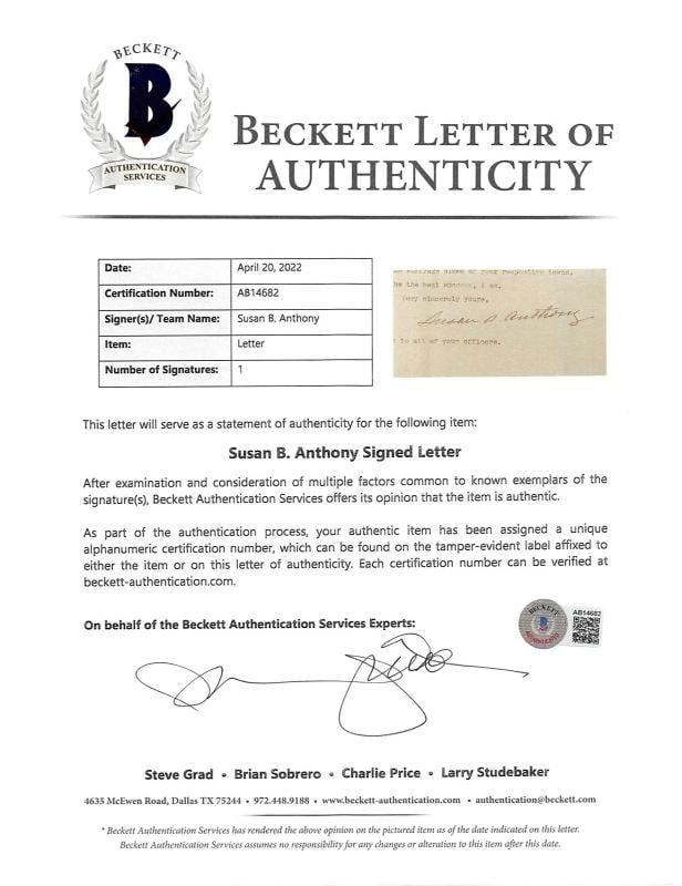 Susan B. Anthony Authentic Signed 8.25x10.75 1900 Letter BAS #AB14682 - 9