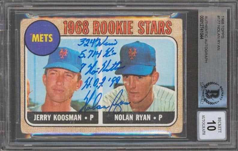 Mets Nolan Ryan "Stat" Signed 1968 Topps #177 Rookie Card Auto Grade 10 BAS Slab: Sport: Baseball,Product: Box, Box & Case Breaks, Case, Coin, etopps (In-hand), Lot, Pack,,Original/Reprint: Original,Player: Nolan Ryan,Autograph Authentication: Beckett,Team: New York