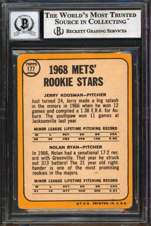 Mets Nolan Ryan "Stat" Signed 1968 Topps #177 Rookie Card Auto Grade 10 BAS Slab - 2