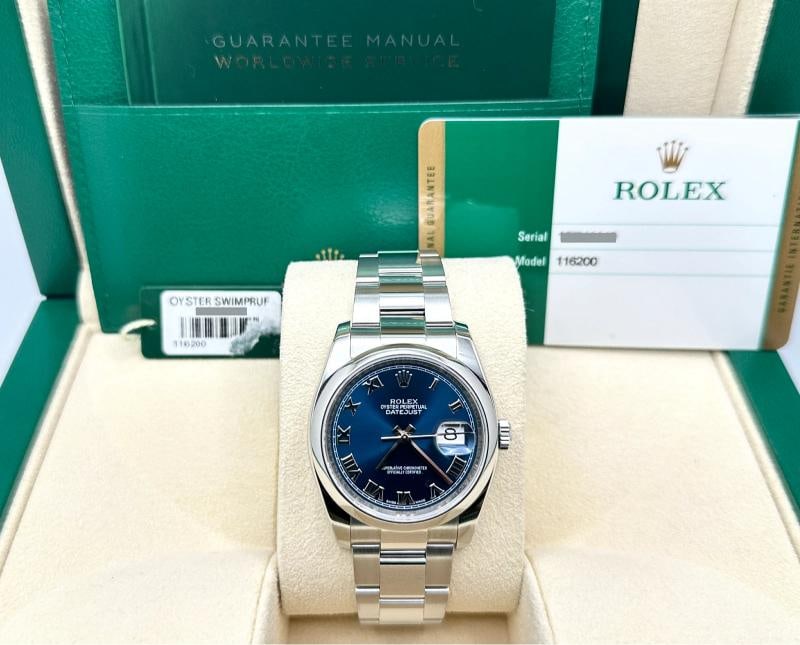 Rolex Datejust 116200 36mm Blue Roman Dial Stainless Steel Box Paper: Style Number: 116200 Year: 2014 - 2019 Model: Rolex Datejust Case Material: Stainless Steel Band: Stainless Steel Bezel: Stainless Steel Dial: Blue Roman Dial Crystal: Sapphire Case Size: 36mm Include