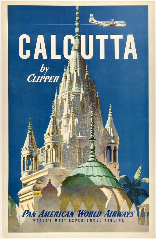 Original Vintage Poster CALCUTTA BY CLIPPER PAN AM Airline Kolkata Travel LINEN: Condition: Used,Country of Origin: United States,Type: Poster,Airline: Pan Am,Modified Item: No Condition: Very Good * (linen backed; minor edge and corner wear, tears, creasing, small losses; some