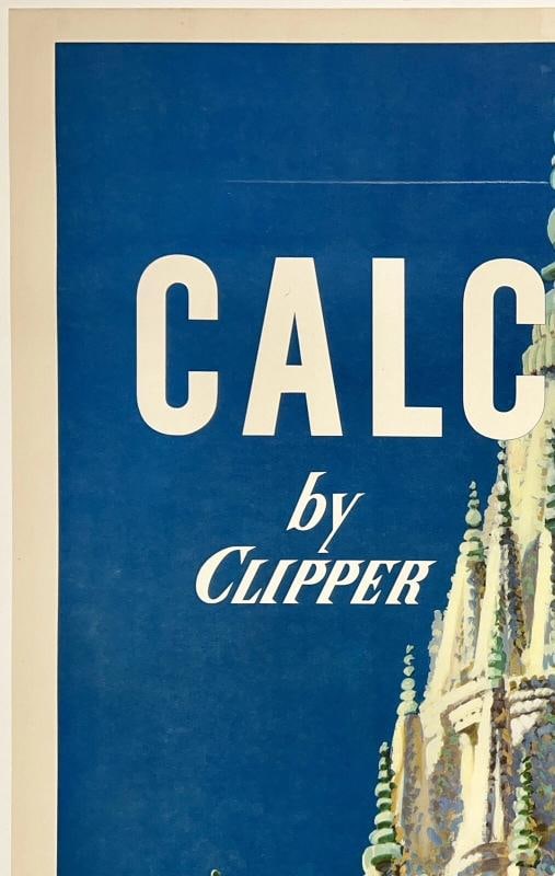 Original Vintage Poster CALCUTTA BY CLIPPER PAN AM Airline Kolkata Travel LINEN - 2