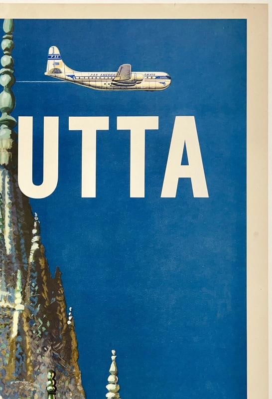 Original Vintage Poster CALCUTTA BY CLIPPER PAN AM Airline Kolkata Travel LINEN - 3