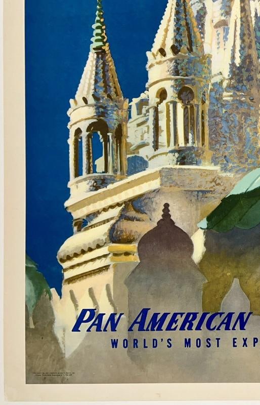 Original Vintage Poster CALCUTTA BY CLIPPER PAN AM Airline Kolkata Travel LINEN - 4