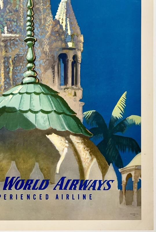 Original Vintage Poster CALCUTTA BY CLIPPER PAN AM Airline Kolkata Travel LINEN - 5