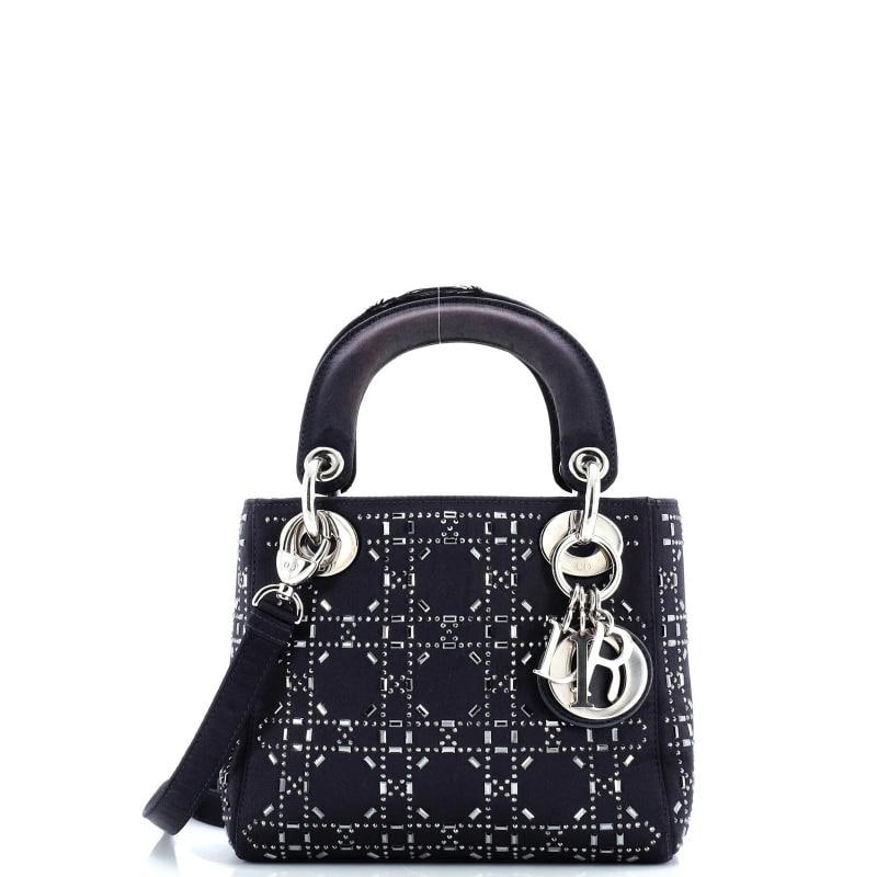 Christian Dior Lady Dior Bag Crystal Embellished Cannage Quilt Satin Mini: Condition: Pre-owned - Good,Brand: Christian Dior,Exterior Material: Satin,Style: Top Handle,Exterior Color: Blue,Department: Women,Size: Mini,Accessories: With Strap