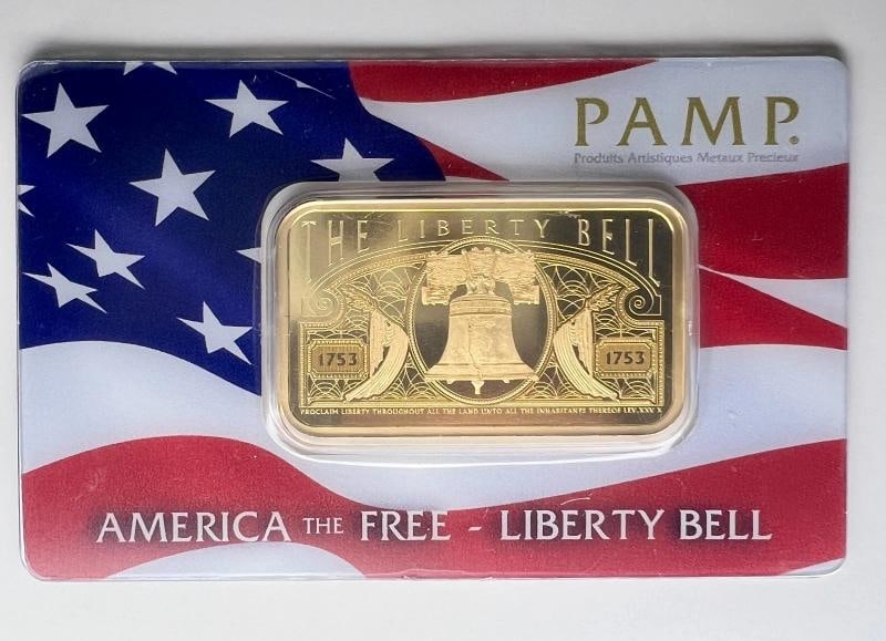 PAMP America The Free Liberty Bell - 1 oz Gold Bar 999.9 Fine (Sealed Assay): Composition: Gold,Shape: Bar,Fineness: 0.9999,Precious Metal Content per Unit: 1 oz,Brand/Mint: Pamp Suisse,Total Precious Metal Content: 1 oz,Country of Origin: United States