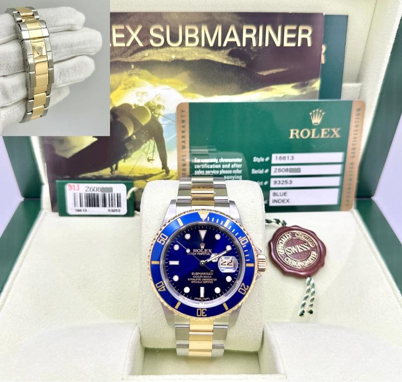 2007 Rolex Submariner Blue 16613 40mm 18k Yellow Gold Stainless Steel Box Papers: Condition: Pre-owned - Excellent,Bezel Color: Blue,Year Manufactured: 2000-2009,Band/Strap: Rolex Oyster,Case Color: Silver,Department: Men,Watch Shape: Round,Style: Casual, Classic, Dress/Formal,