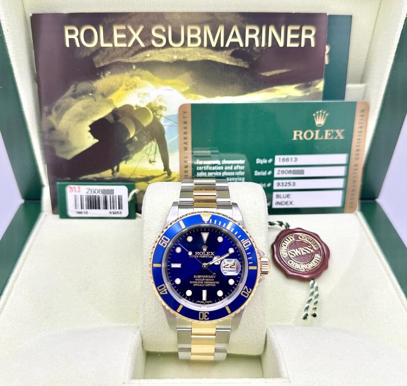 2007 Rolex Submariner Blue 16613 40mm 18k Yellow Gold Stainless Steel Box Papers - 2