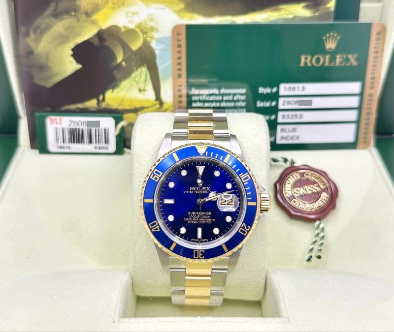 2007 Rolex Submariner Blue 16613 40mm 18k Yellow Gold Stainless Steel Box Papers - 3