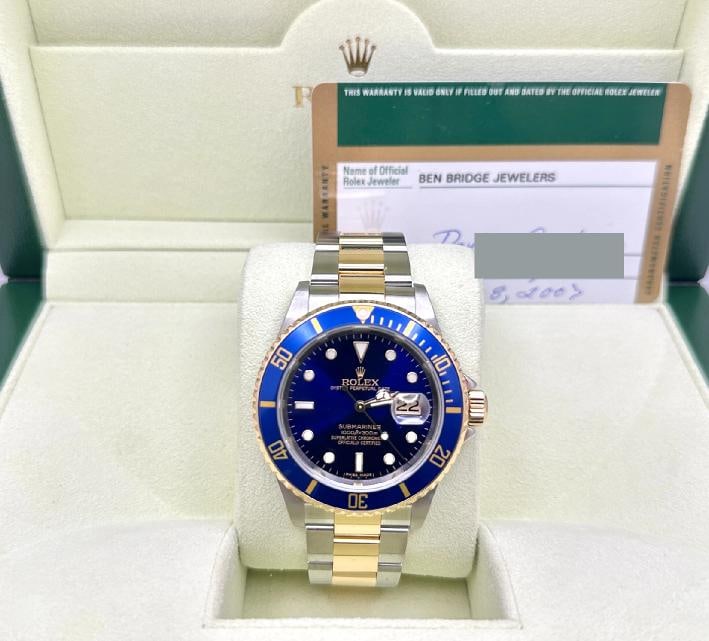 2007 Rolex Submariner Blue 16613 40mm 18k Yellow Gold Stainless Steel Box Papers - 4