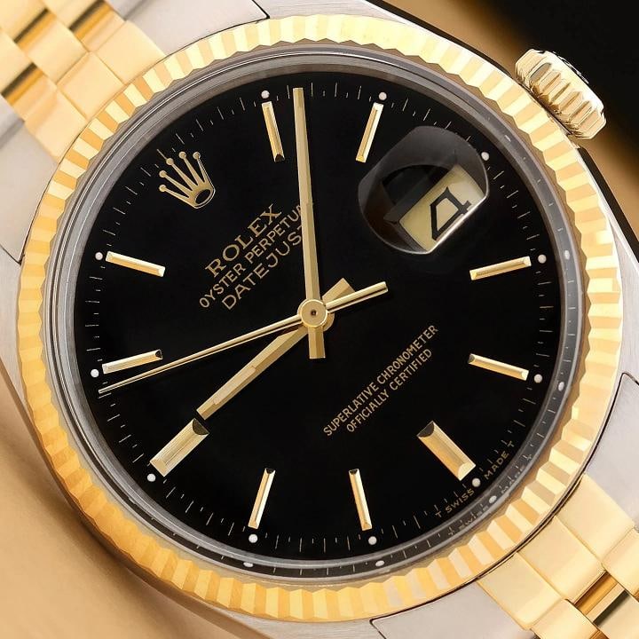 ROLEX MENS DATEJUST 16013 BLACK DIAL 18K YELLOW GOLD STAINLESS STEEL WATCH: This is an authentic Rolex Datejust 16013 watch with Rolex 18K yellow gold and stainless steel jubilee bracelet, Rolex stick dial Ref., and Rolex 18K yellow gold fluted bezel.. Descriptions: Brand: Ro