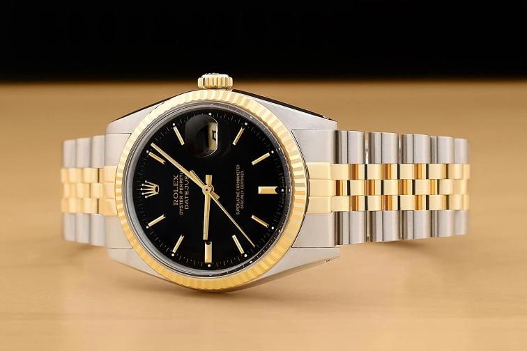 ROLEX MENS DATEJUST 16013 BLACK DIAL 18K YELLOW GOLD STAINLESS STEEL WATCH - 2