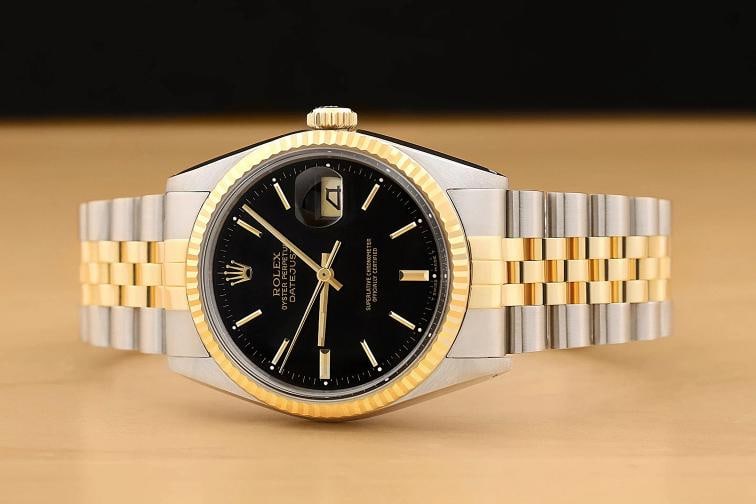 ROLEX MENS DATEJUST 16013 BLACK DIAL 18K YELLOW GOLD STAINLESS STEEL WATCH - 3