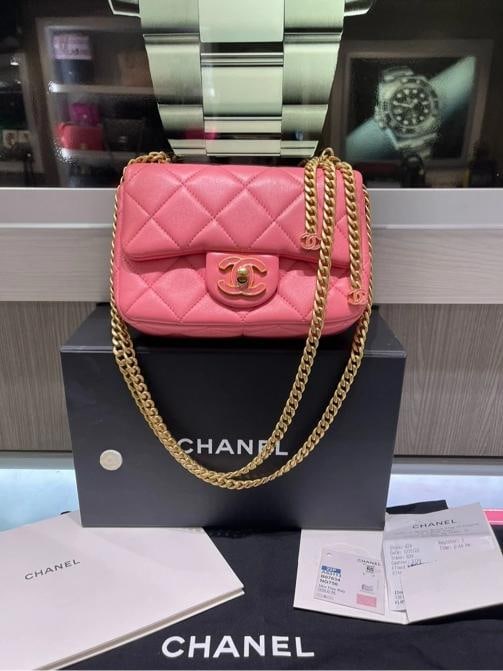 Chanel Mini Square Flap Bag Pink Quilted Lambskin with Enamel CC: Condition: Pre-owned - Good,Brand: CHANEL,Department: Women,Closure: Turn Lock,Size: Mini,Lining Material: Lambskin,Exterior Color: Pink,Lining Color: Pink,Style: Crossbody,Finish: Quilted,Exterior Ma