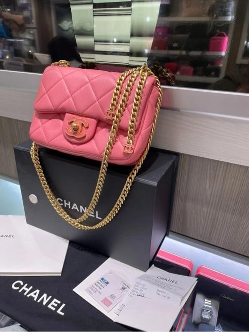 Chanel Mini Square Flap Bag Pink Quilted Lambskin with Enamel CC - 4