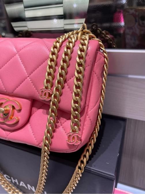Chanel Mini Square Flap Bag Pink Quilted Lambskin with Enamel CC - 5
