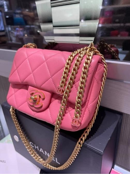 Chanel Mini Square Flap Bag Pink Quilted Lambskin with Enamel CC - 6