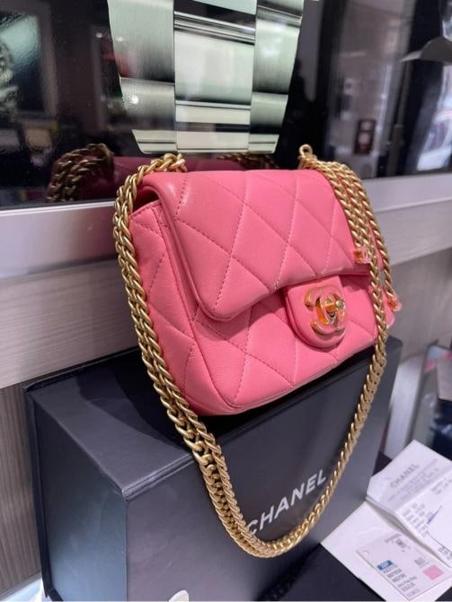 Chanel Mini Square Flap Bag Pink Quilted Lambskin with Enamel CC - 7