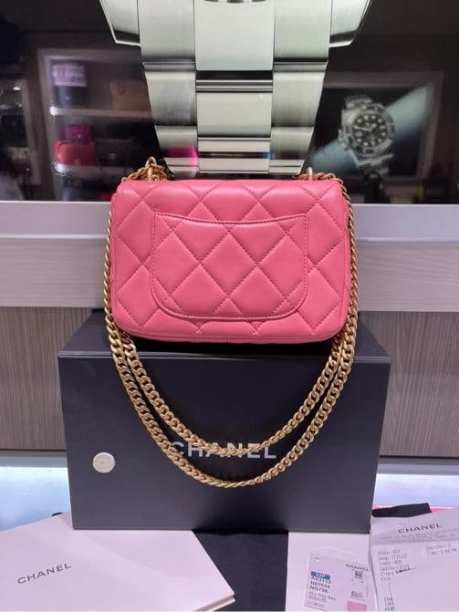 Chanel Mini Square Flap Bag Pink Quilted Lambskin with Enamel CC - 9