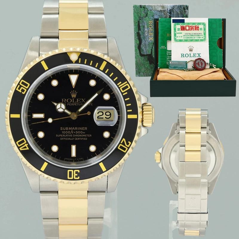 PAPERS MINT Rolex Submariner 16613LN Gold Steel Two Tone Yellow Gold Watch Box and Papers: Condition: Pre-owned - Excellent,Brand: Rolex,Department: Unisex Adults,Type: Wristwatch,Model: Submariner,Reference Number: 16613LB,With Original Box/Packaging: Yes,With Papers: No,Customized: No