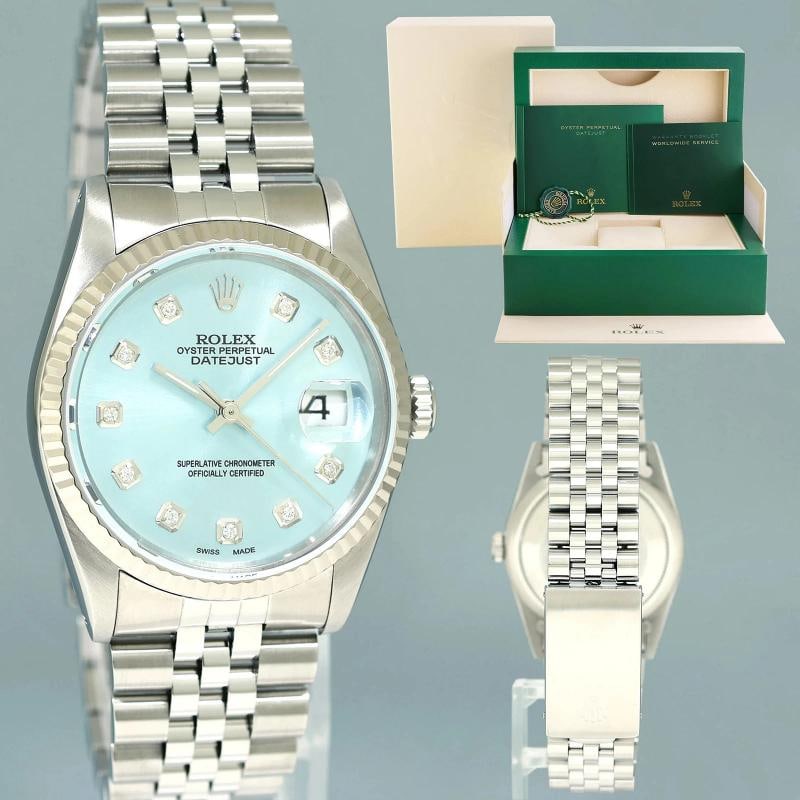 MINT Rolex DateJust 16234 Glacier Blue Diamond Jubilee White Gold Fluted 36mm: Condition: Pre-owned - Excellent,Brand: Rolex,Department: Unisex Adults,Type: Wristwatch,Model: DateJust,Reference Number: 16234,With Original Box/Packaging: Yes,With Papers: No,Customized: Yes,UPC: D