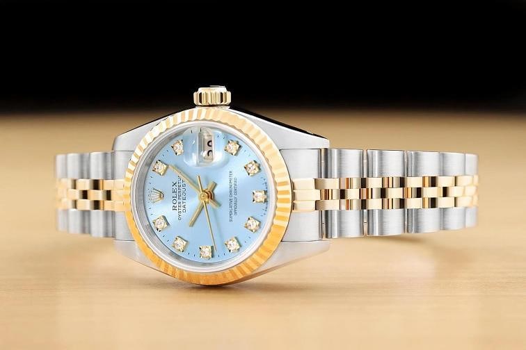 ROLEX LADIES DATEJUST 69173 ICE BLUE FACTORY DIAMOND DIAL 18K GOLD STEEL WATCH - 2