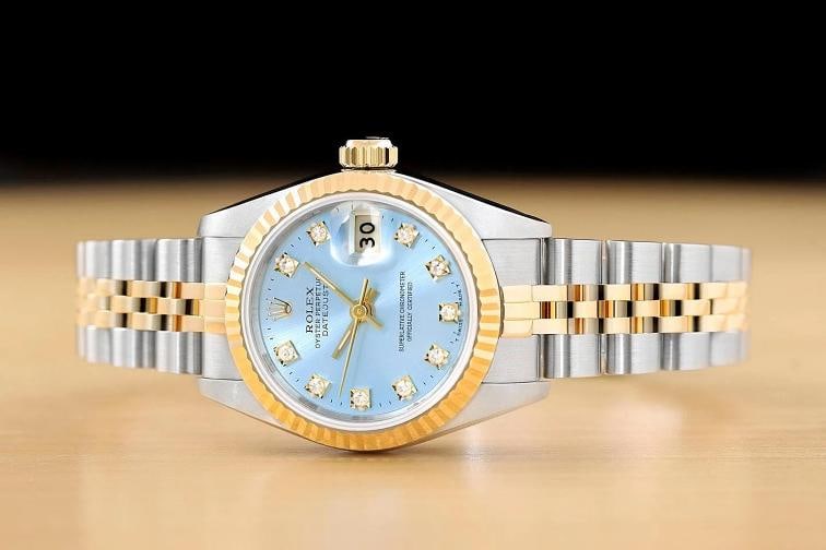 ROLEX LADIES DATEJUST 69173 ICE BLUE FACTORY DIAMOND DIAL 18K GOLD STEEL WATCH - 3