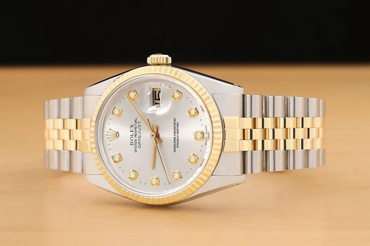 ROLEX MENS DATEJUST 16013 SILVER DIAMOND DIAL 18K YELLOW GOLD STEEL WATCH - 2