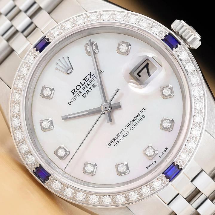 ROLEX OYSTER PERPETUAL DATE 1500 STEEL MOTHER OF PEARL DIAMOND SAPPHIRE WATCH: Condition: Pre-owned - Excellent,Brand: Rolex,Department: Men's,Style: Dress/Formal, Luxury, Luxury: Dress Styles,Features: 12-Hour Dial, Chronometer, Sapphire Crystal, Screwdown Crown, Seconds Hand,