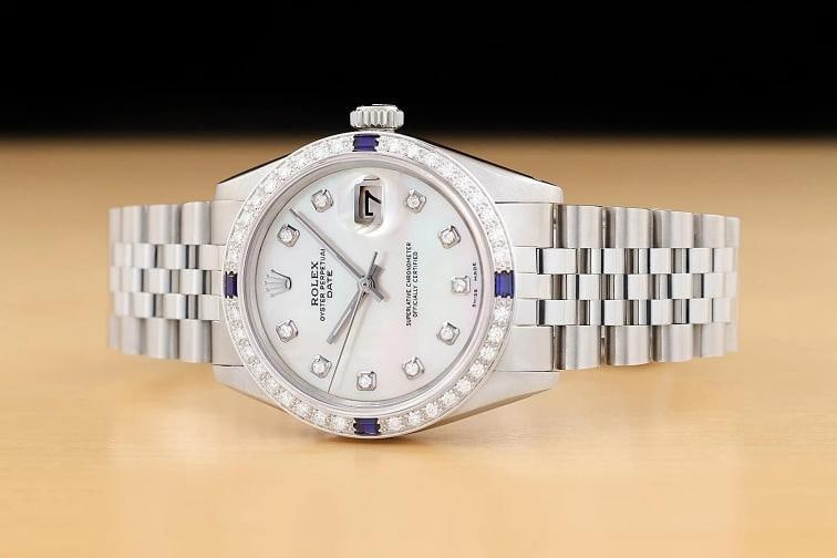 ROLEX OYSTER PERPETUAL DATE 1500 STEEL MOTHER OF PEARL DIAMOND SAPPHIRE WATCH - 2