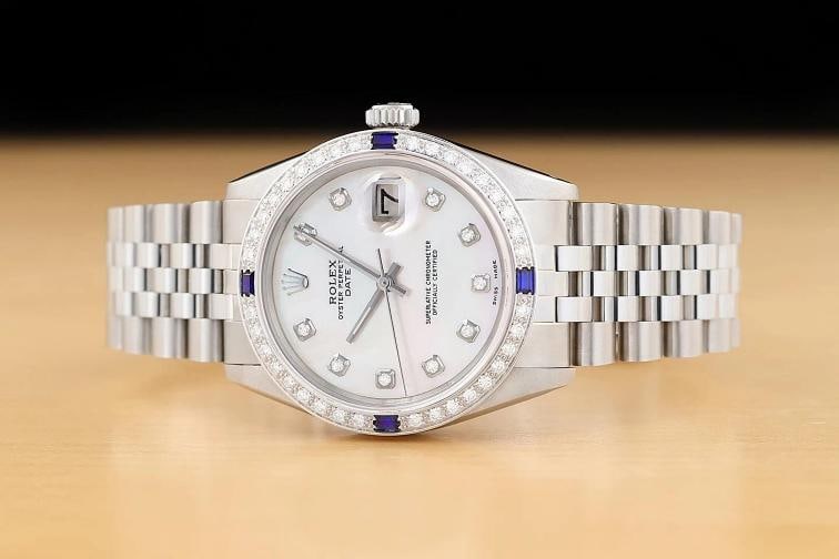 ROLEX OYSTER PERPETUAL DATE 1500 STEEL MOTHER OF PEARL DIAMOND SAPPHIRE WATCH - 3