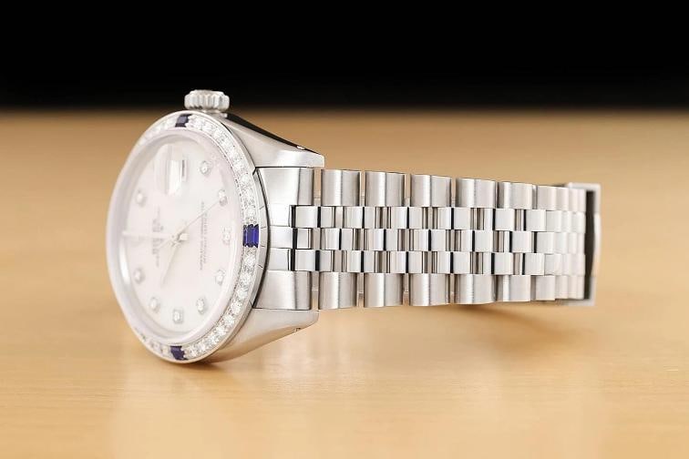 ROLEX OYSTER PERPETUAL DATE 1500 STEEL MOTHER OF PEARL DIAMOND SAPPHIRE WATCH - 4