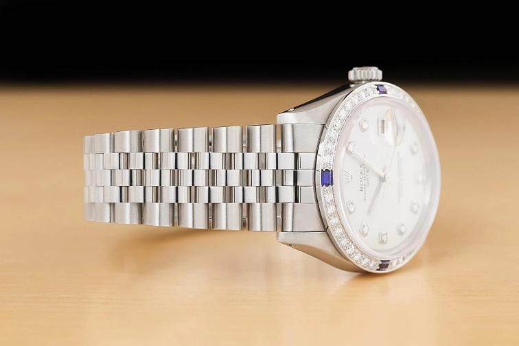 ROLEX OYSTER PERPETUAL DATE 1500 STEEL MOTHER OF PEARL DIAMOND SAPPHIRE WATCH - 7