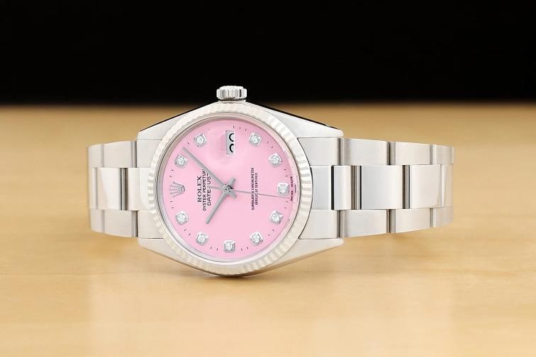 ROLEX MENS DATEJUST 16014 PINK DIAMOND DIAL 18K WHITE GOLD STEEL OYSTER WATCH - 2