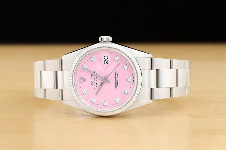 ROLEX MENS DATEJUST 16014 PINK DIAMOND DIAL 18K WHITE GOLD STEEL OYSTER WATCH - 3