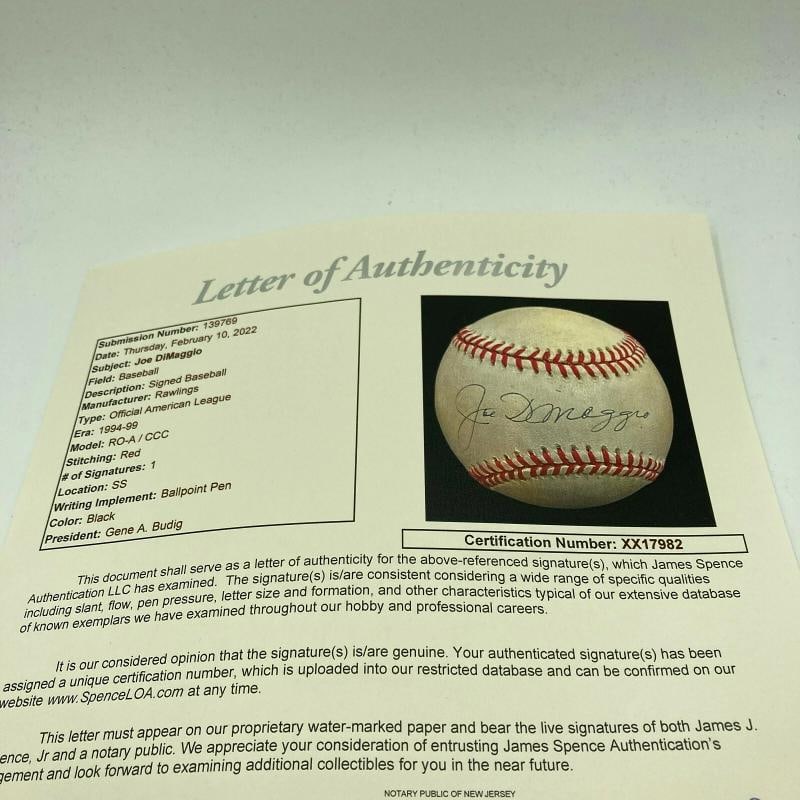 Nice Joe Dimaggio Signed Official American League Baseball JSA COA - 5