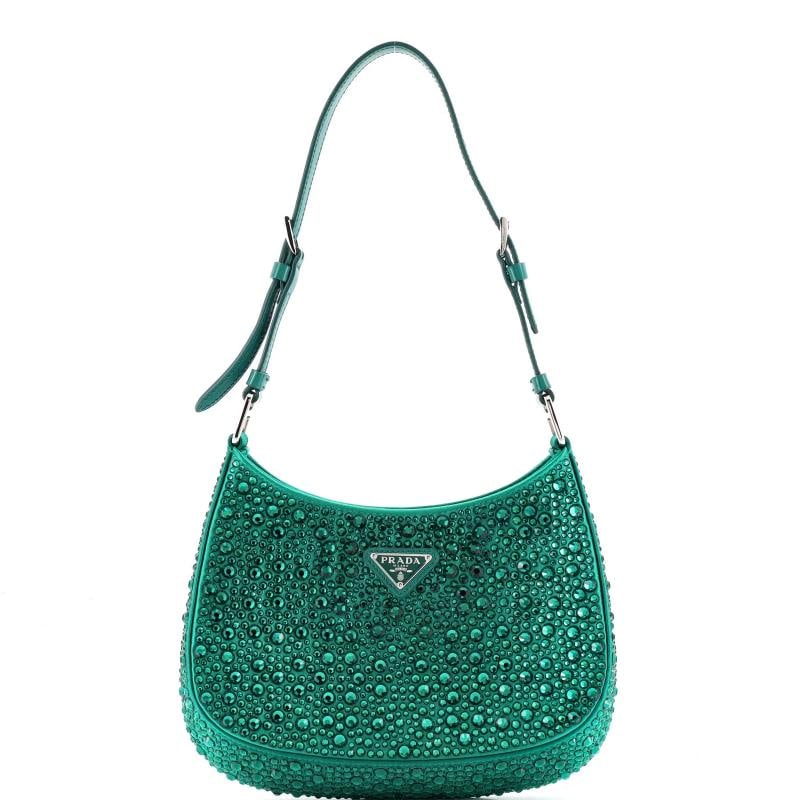 Prada Cleo Shoulder Bag Crystal Embellished Satin Small: Condition: Pre-owned - Excellent,Brand: Prada,Exterior Material: Crystal, Satin,Style: Cross Body Bags,Exterior Color: Green,Department: Women,Size: Small,Accessories: With Strap Condition: Pristine.